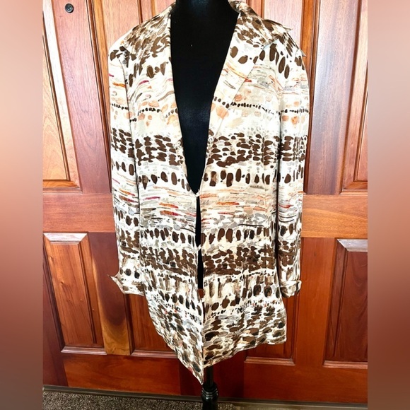Chico's Blazer Jacket Size 2 Large 12 Brown Silk Watercolor Lined Collared NWOT - Picture 1 of 10